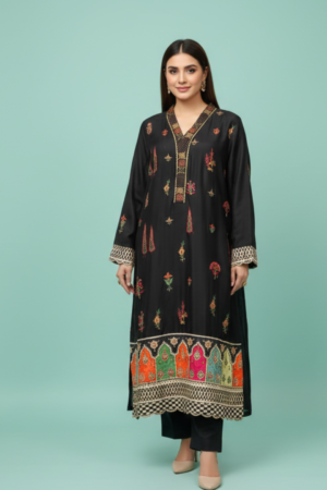 Loomnet Silk with digital print border, handmade embroidery, and Organza Dupatta